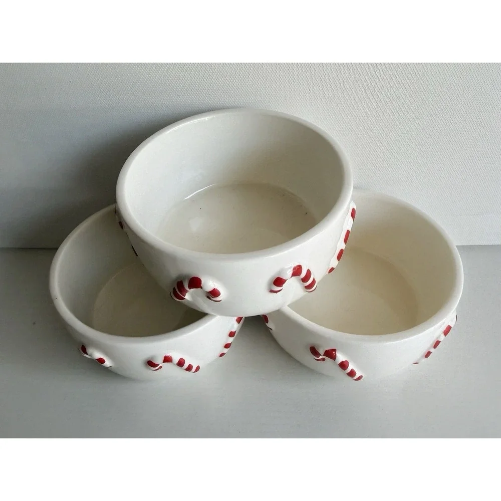 Set Of 3 Christmas Ramekins 4in Candy Cane Ceramic Oven Safe Baking Dish New